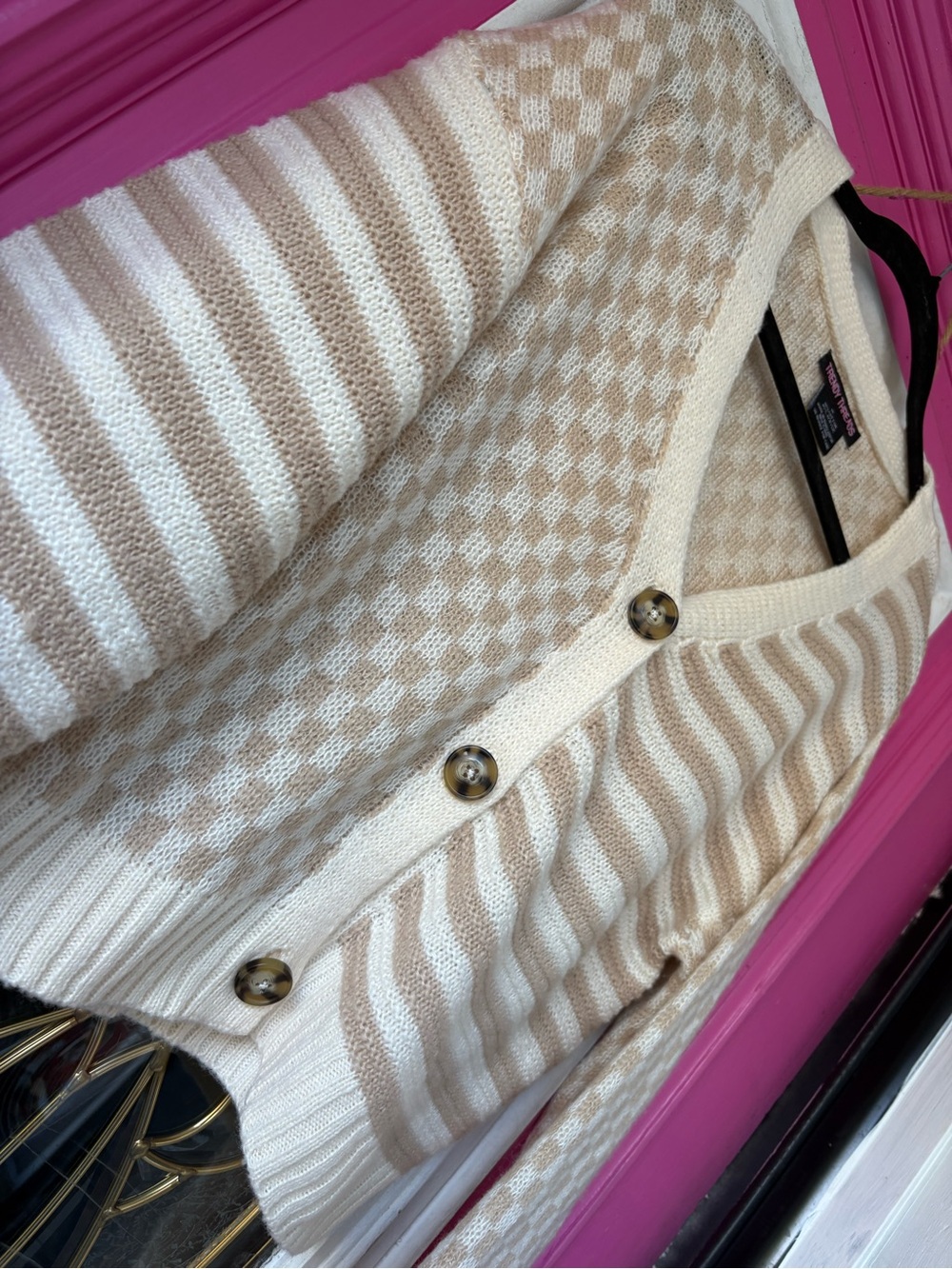 Cream & Tan Patterned Button-Front Cardigan fall Fall - Picture 8 of 9